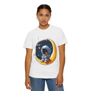 Woman wearing white garment-dyed unisex t-shirt with Astronaut on Moon design, front view