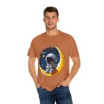 Man wearing yam garment-dyed unisex t-shirt with Astronaut on Moon design, front view