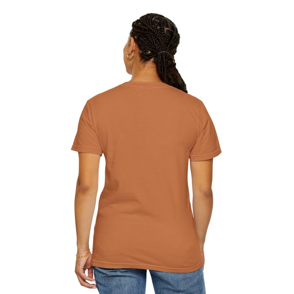 Woman wearing yam garment-dyed unisex t-shirt with Astronaut on Moon design, back view