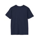 Back view of navy unisex softstyle t-shirt with "Chase Two Rabbits" design