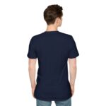 Navy unisex softstyle t-shirt with "Chase Two Rabbits" design shown on a man (back view)