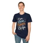 Navy unisex softstyle t-shirt with "Chase Two Rabbits" design shown on a man (front view)
