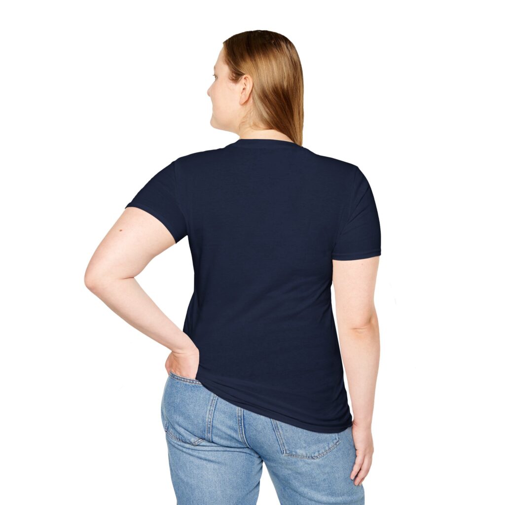 Navy unisex softstyle t-shirt with "Chase Two Rabbits" design shown on a woman (back view)