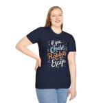 Navy unisex softstyle t-shirt with "Chase Two Rabbits" design shown on a woman (front view)