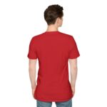 Red unisex softstyle t-shirt with 'Every Day Brings New Choices' design shown on a man (back view)
