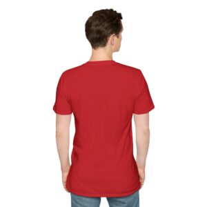 Red unisex softstyle t-shirt with 'Every Day Brings New Choices' design shown on a man (back view)