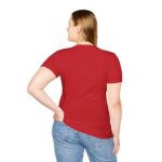 Red unisex softstyle t-shirt with 'Every Day Brings New Choices' design shown on a woman (back view)