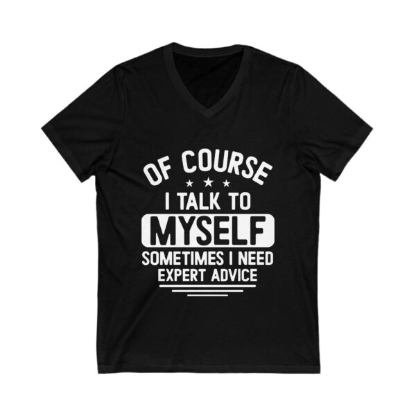 Front view of black unisex jersey V-neck tee with I Talk To Myself design