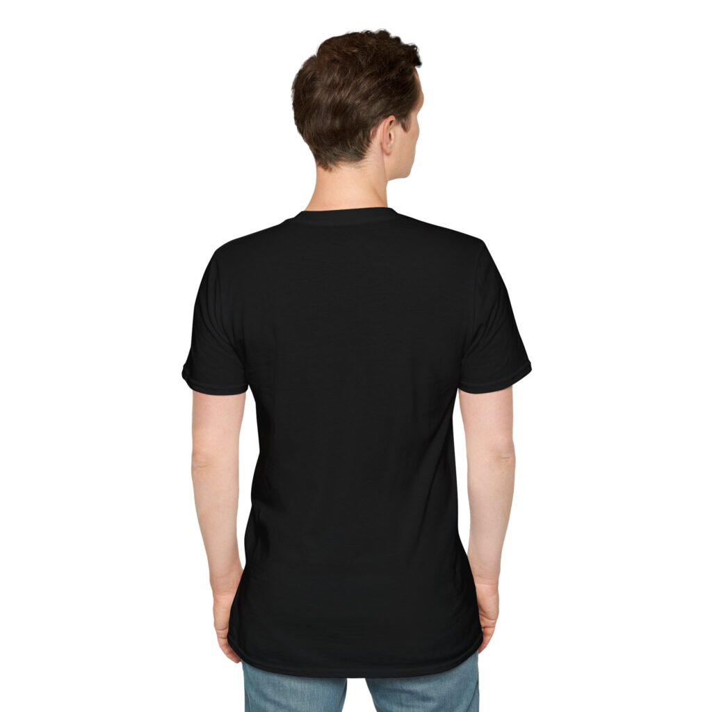 Man wearing black unisex softstyle t-shirt with Universe Is Always Listening design (back view)