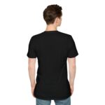 Man wearing black unisex softstyle t-shirt with Universe Is Always Listening design (back view)
