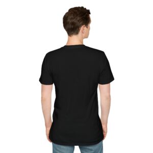 Man wearing black unisex softstyle t-shirt with Universe Is Always Listening design (back view)
