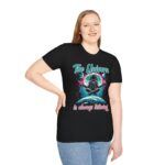 Woman wearing black unisex softstyle t-shirt with Universe Is Always Listening design (front view)