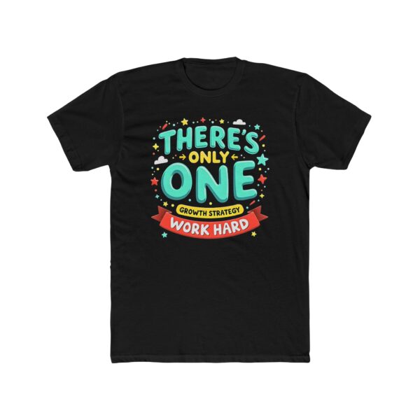 Front view of solid black unisex cotton crew tee with "Work Hard" design