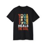 Front view of black ultra cotton unisex tee with Yoga Heals the Soul design