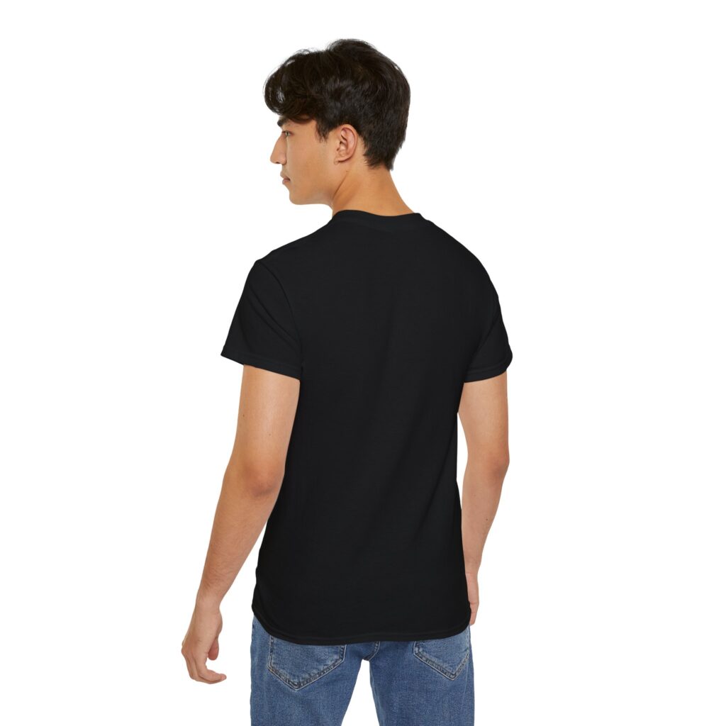 Man wearing black ultra cotton unisex tee with Yoga Heals the Soul design, back view