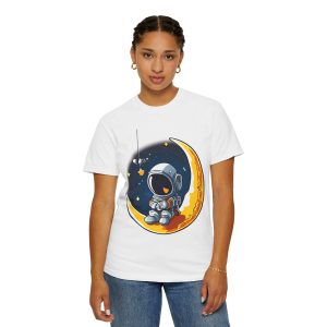 Woman Front view of white unisex garment-dyed t-shirt with "Astronaut On Moon" design - Aztren