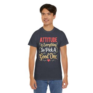 Man Front view of heather navy unisex heavy cotton tee with "Attitude Is Everything" design - Aztren