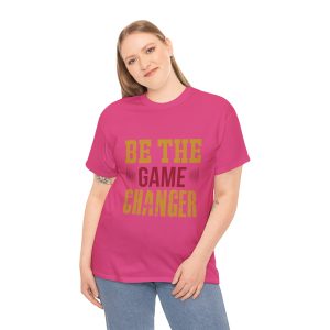Woman Front view of heliconia unisex heavy cotton tee with "Be The Game Changer" design - Aztren