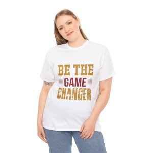 Woman Front view of white unisex heavy cotton tee with "Be The Game Changer" design - Aztren