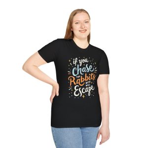 Woman Front view of black unisex softstyle t-shirt with "Chase Two Rabbits" design - Aztren