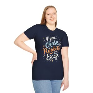 Woman Front view of navy unisex softstyle t-shirt with "Chase Two Rabbits" design - Aztren