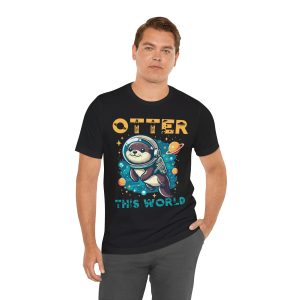 Man Front view of black unisex jersey short sleeve tee with "Cute Otter" design - Aztren