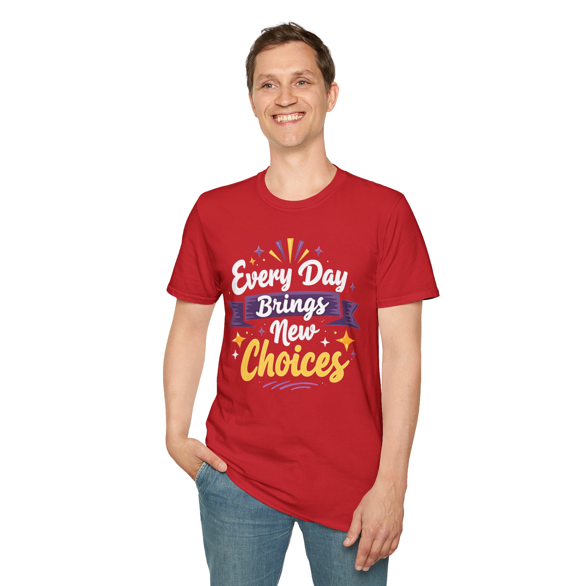 Every Day Brings New Choices Red Unisex Softstyle T Shirt Man Front Man Front view of red unisex softstyle t-shirt with "Every Day Brings New Choices" design - Aztren