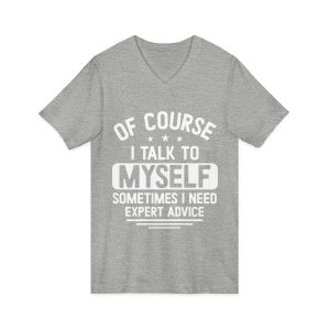 Front view of athletic heather unisex jersey short sleeve v-neck tee with "I Talk To Myself" design - Aztren