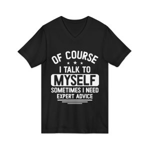 Front view of black unisex jersey short sleeve v-neck tee with "I Talk To Myself" design - Aztren