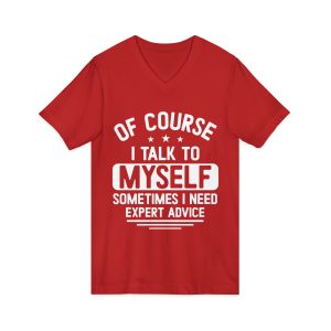 Front view of red unisex jersey short sleeve v-neck tee with "I Talk To Myself" design - Aztren