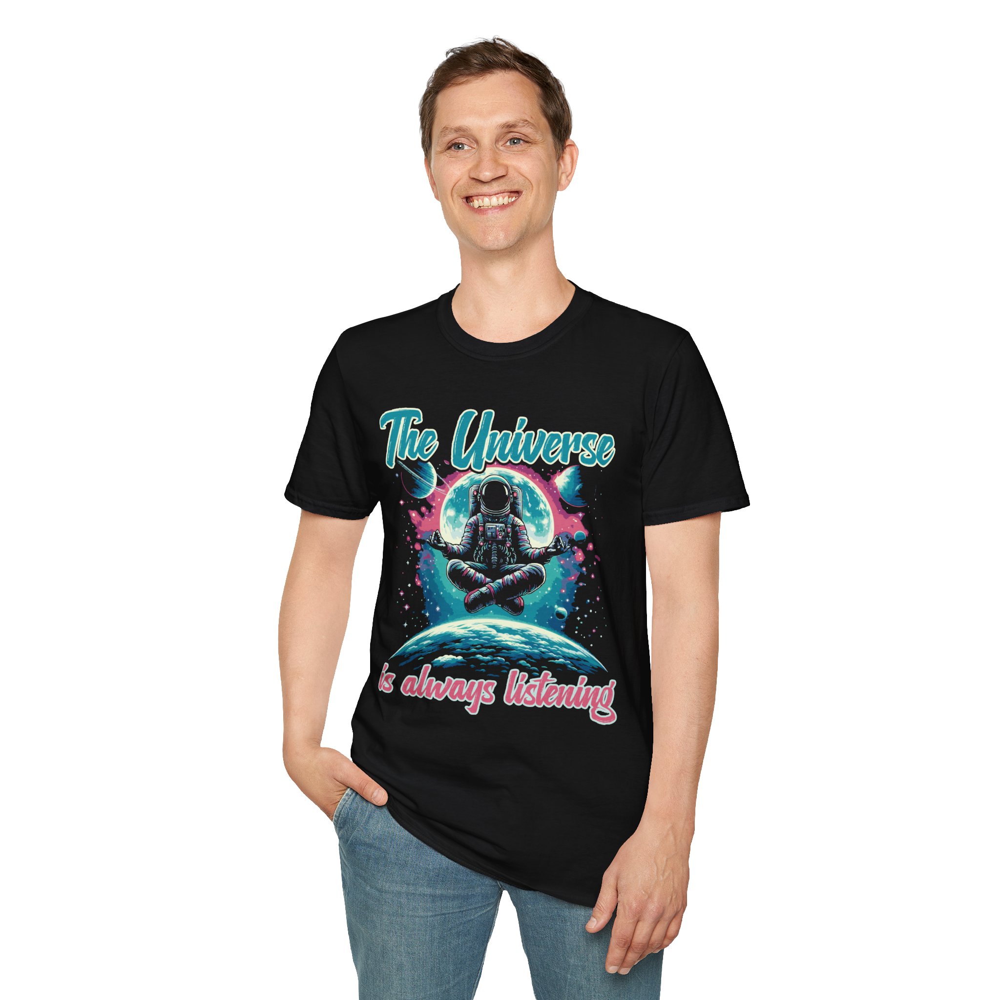 Universe Is Always Listening Black Unisex Softstyle T Shirt Man Front Man Front view of black unisex softstyle t-shirt with "Universe Is Always Listening" design - Aztren