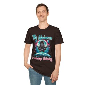 Man Front view of dark chocolate unisex softstyle t-shirt with "Universe Is Always Listening" design - Aztren