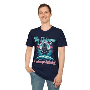 Man Front view of navy unisex softstyle t-shirt with "Universe Is Always Listening" design - Aztren