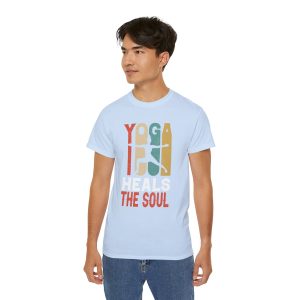 Man Front view of light blue unisex ultra cotton tee with "Yoga Heals The Soul" design - Aztren